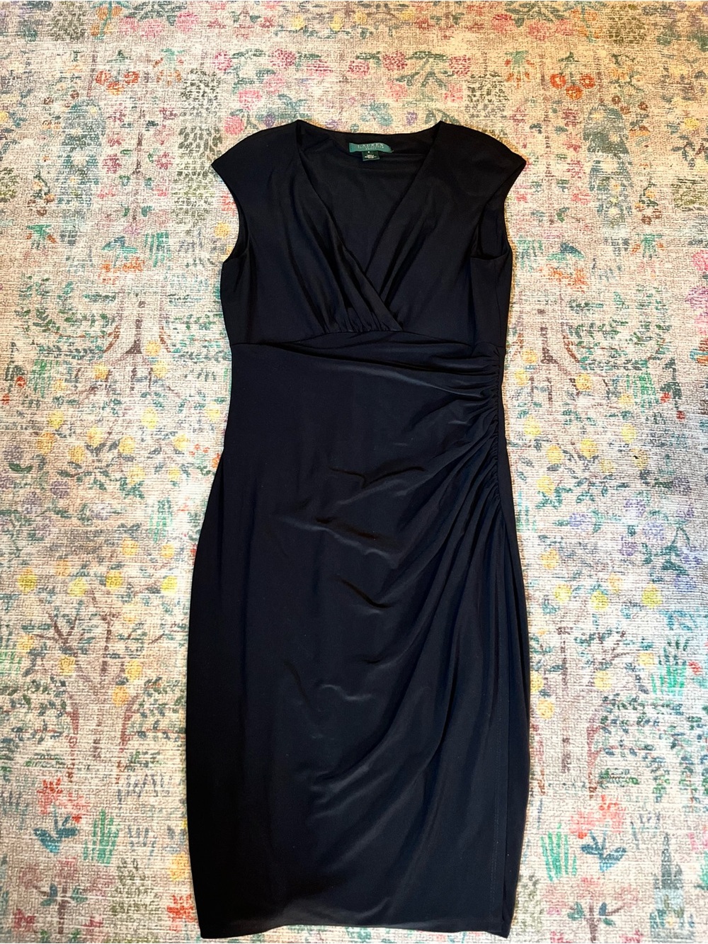Ralph Lauren Black Cap-Sleeve Faux-Wrap Midi Dress